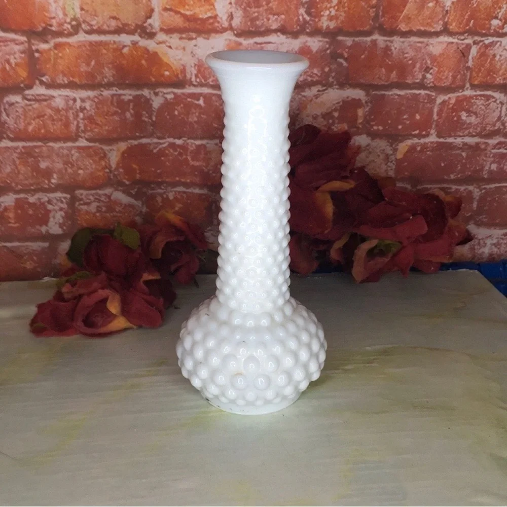 Vintage MCM E.O. Brody Co. White Milk Glass Hobnail Bud Vase